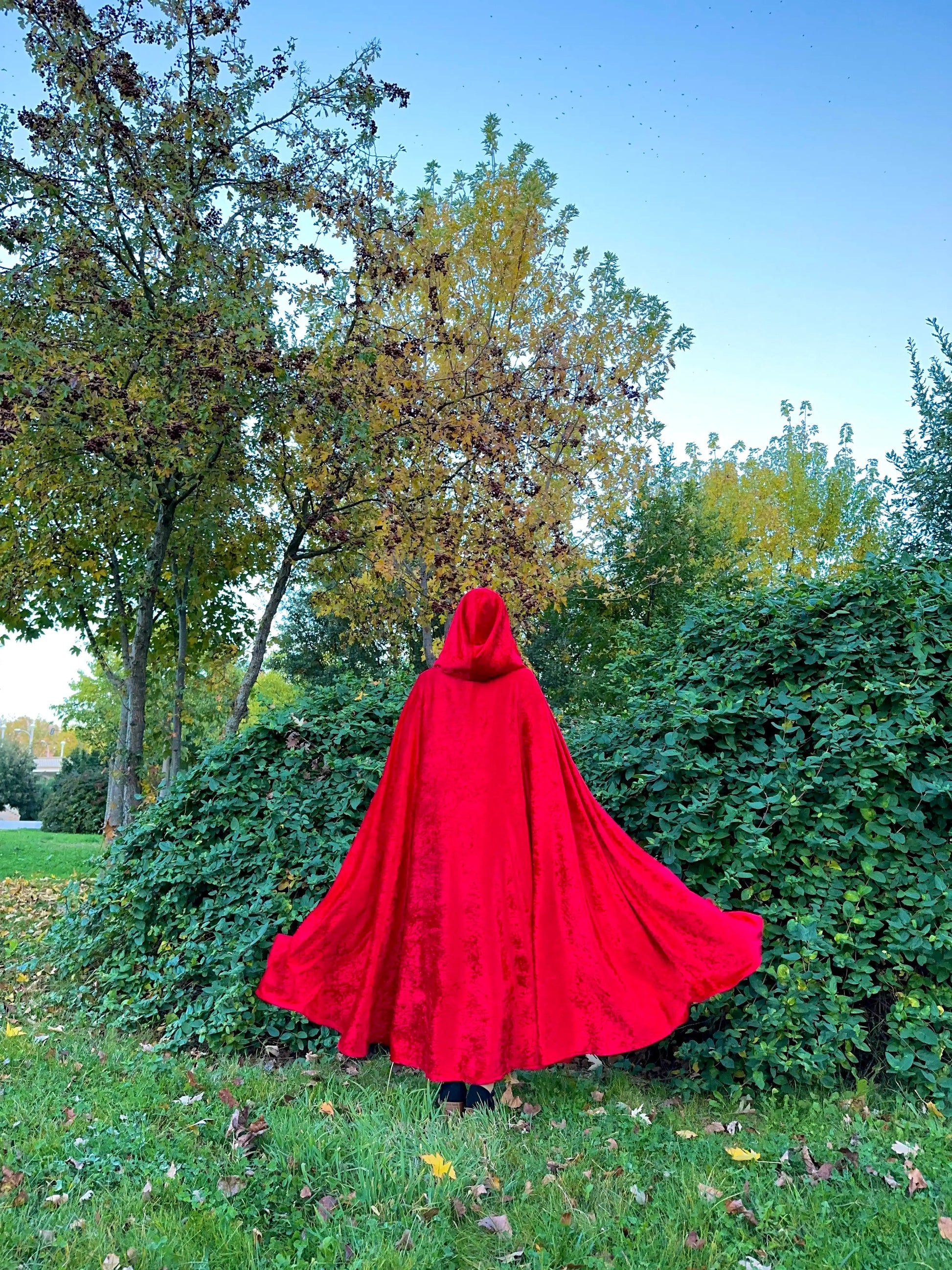 Person wearing a red hooded cloak standing in a garden with trees and bushes.