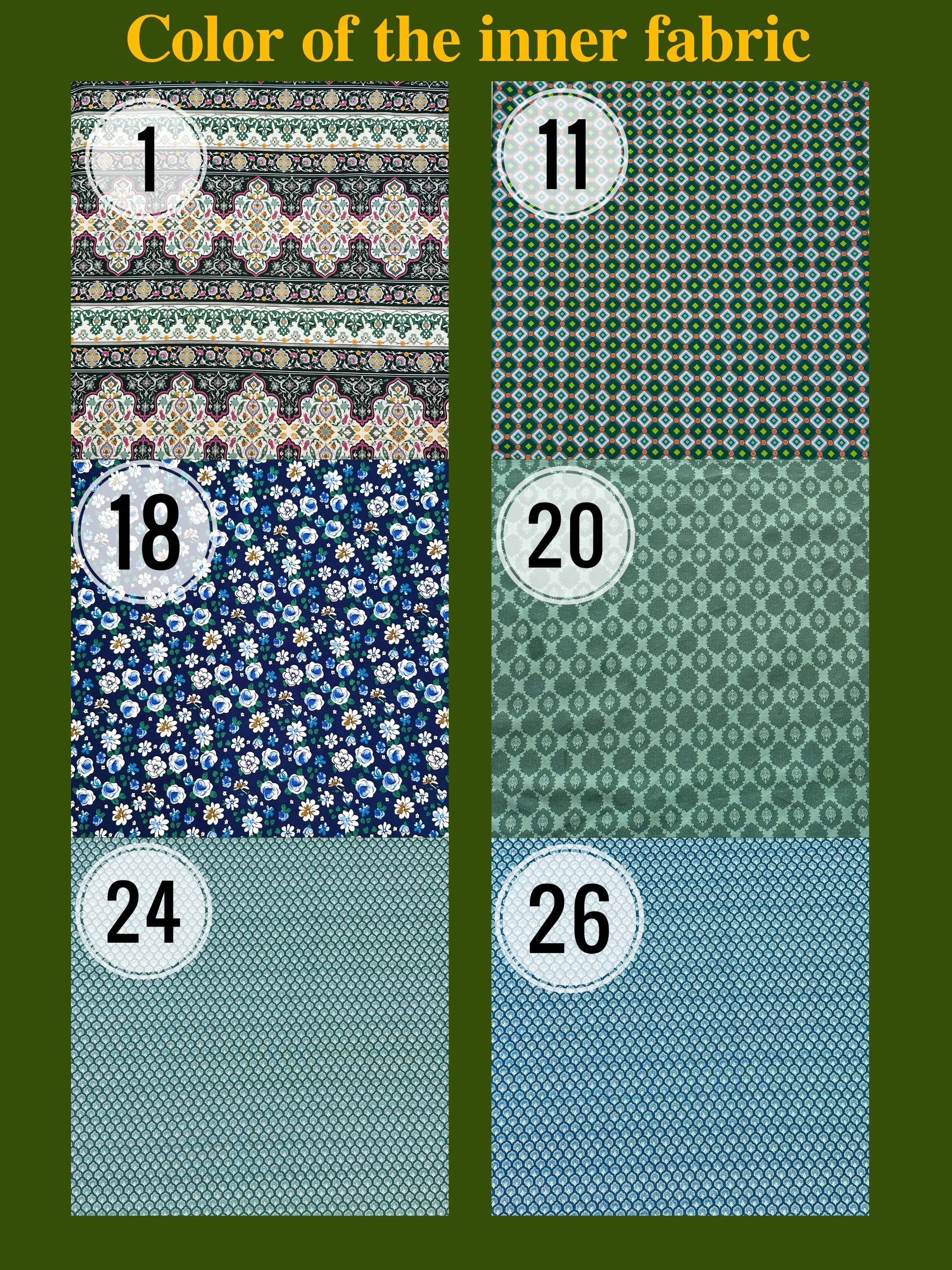 Fabric swatches with various patterns and colors on a green background