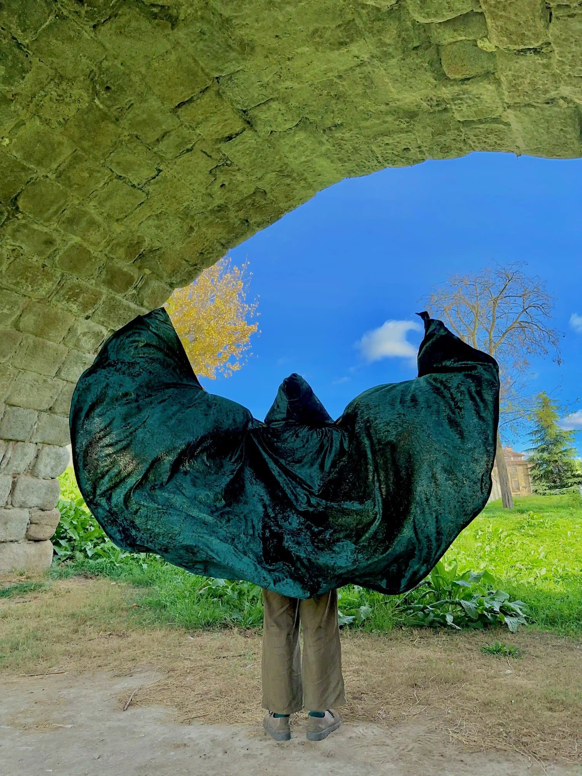 Person holding a large green leaf-like object under a stone archway with a scenic background.