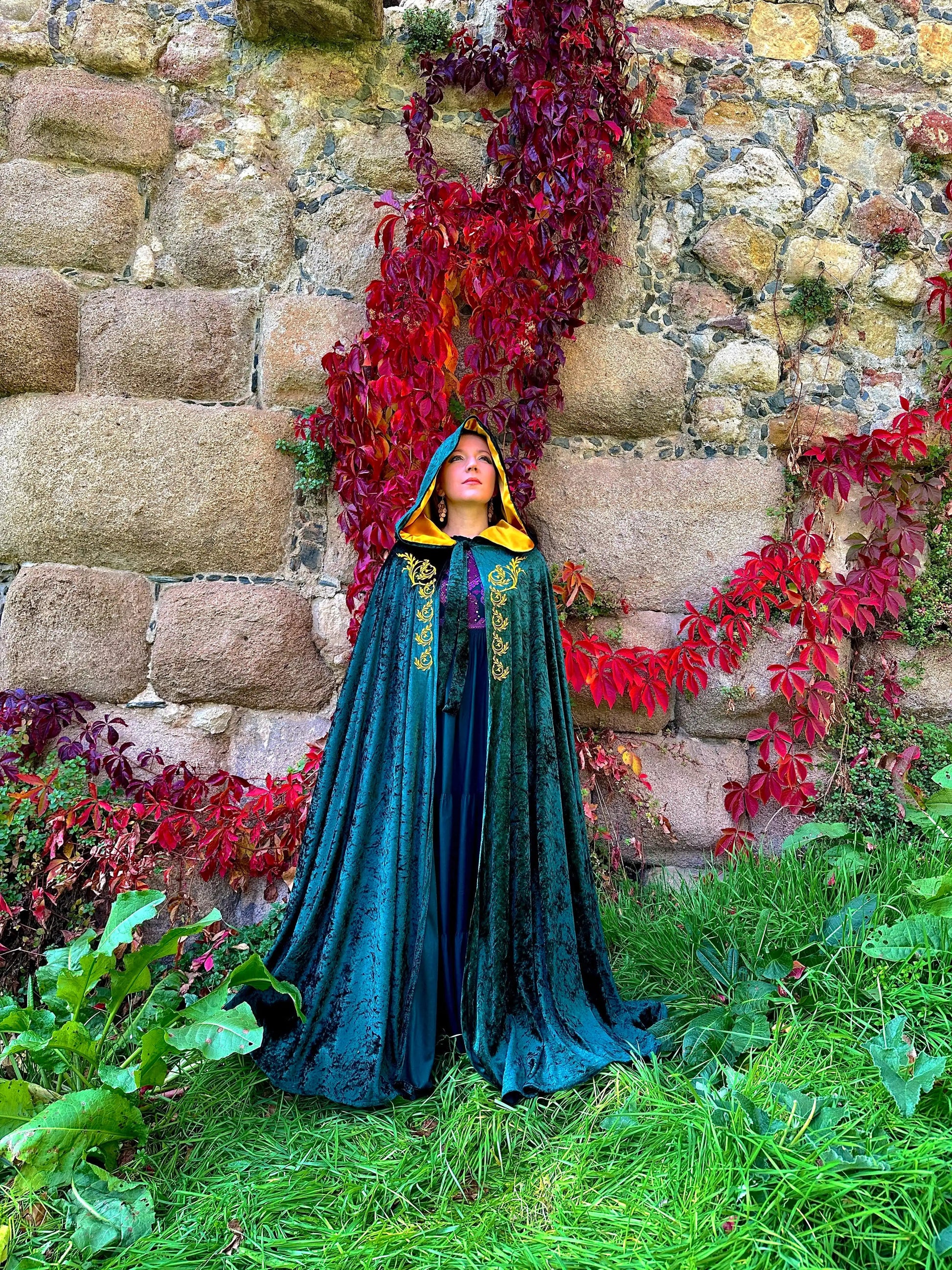 Person in a blue cloak standing in front of a stone wall with red foliage