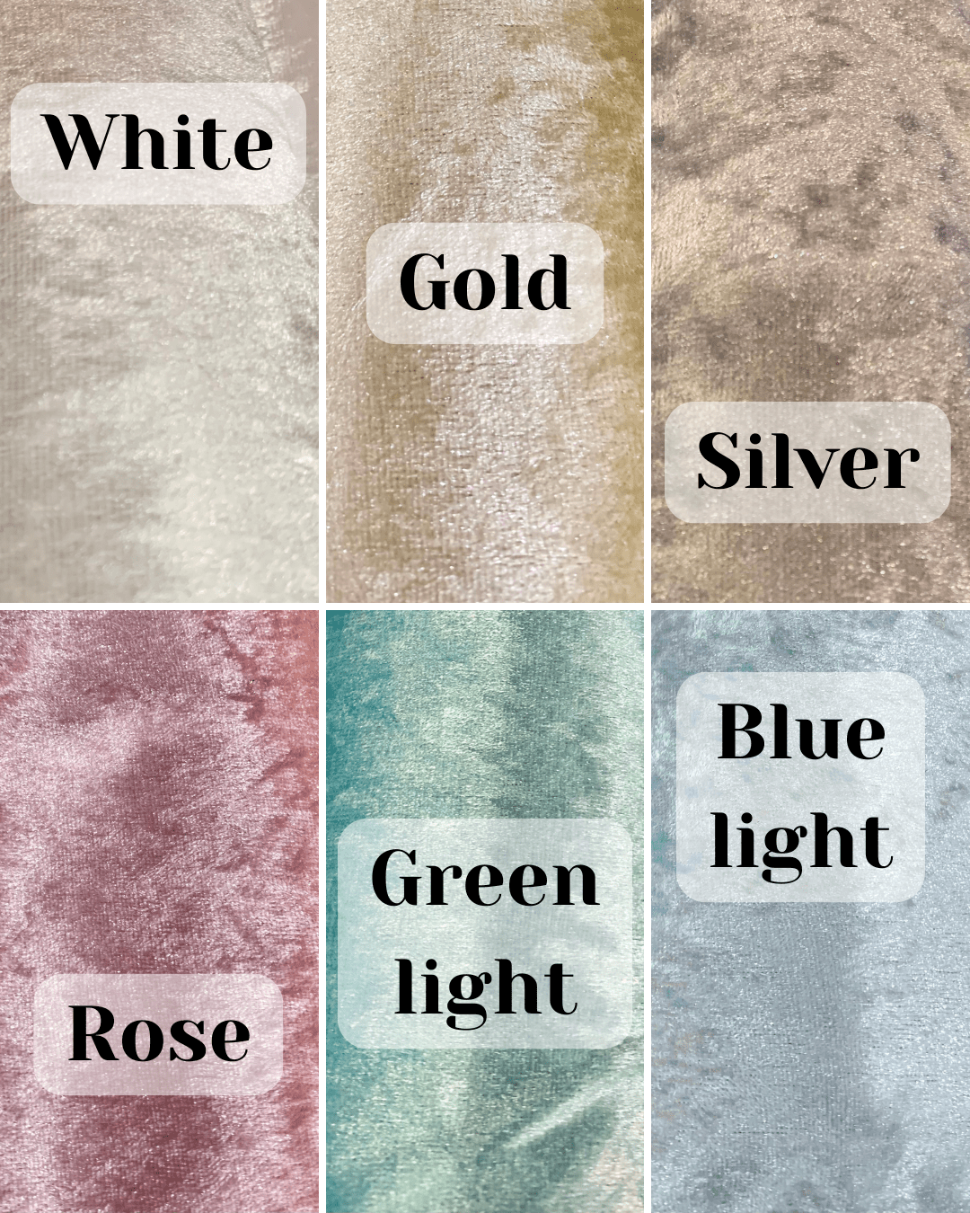 Six textured color swatches labeled with colors and their corresponding labels.