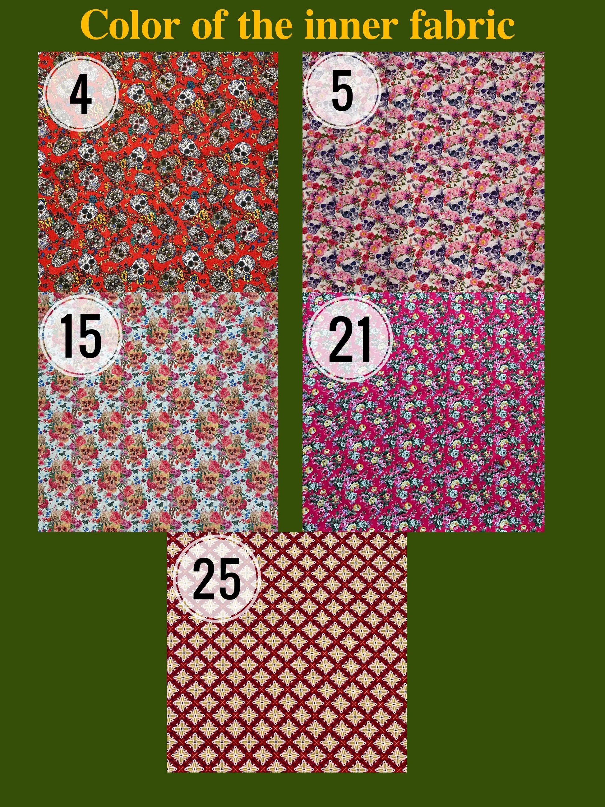 Four fabric swatches with different patterns and numbers on a green background