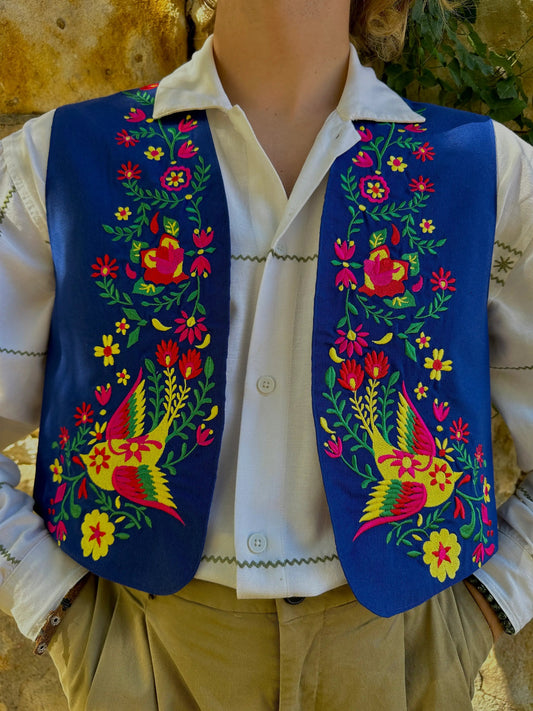 Person wearing a colorful embroidered vest over a white shirt with a natural background