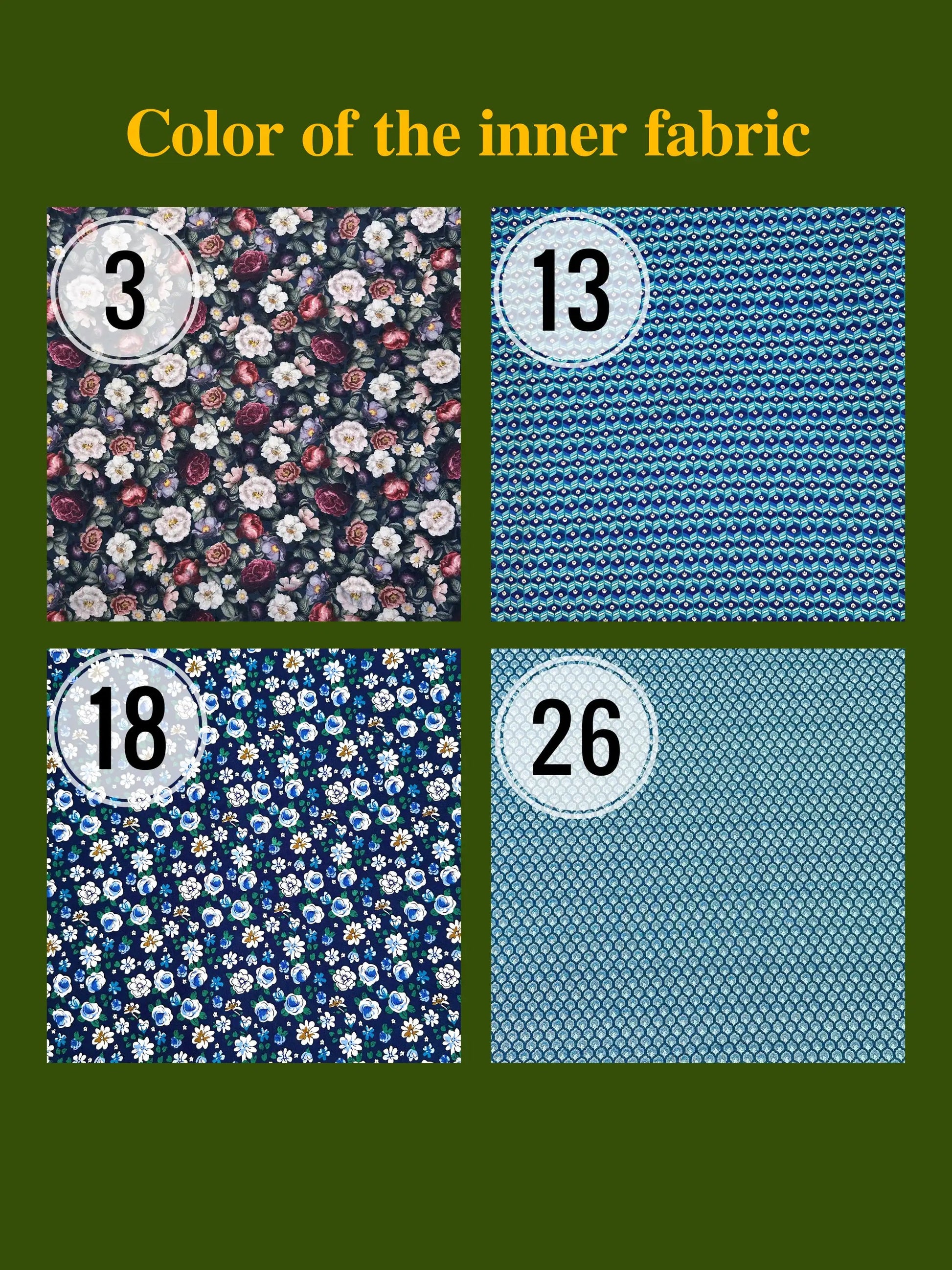 Four fabric swatches with numbers indicating color options on a green background.