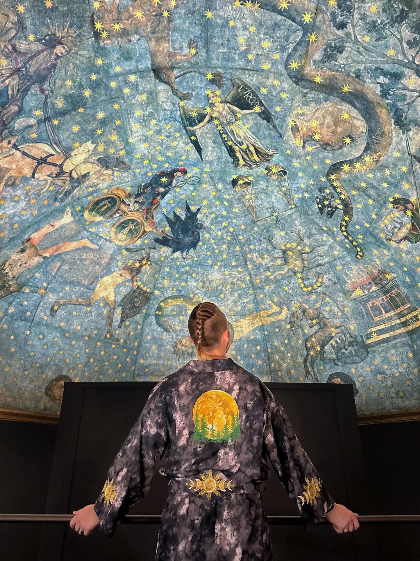 Person wearing a patterned robe in front of a decorative ceiling with celestial designs.