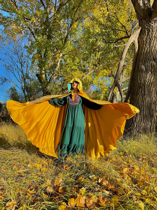 Person wearing a long, colorful dress with a hood in a forest setting