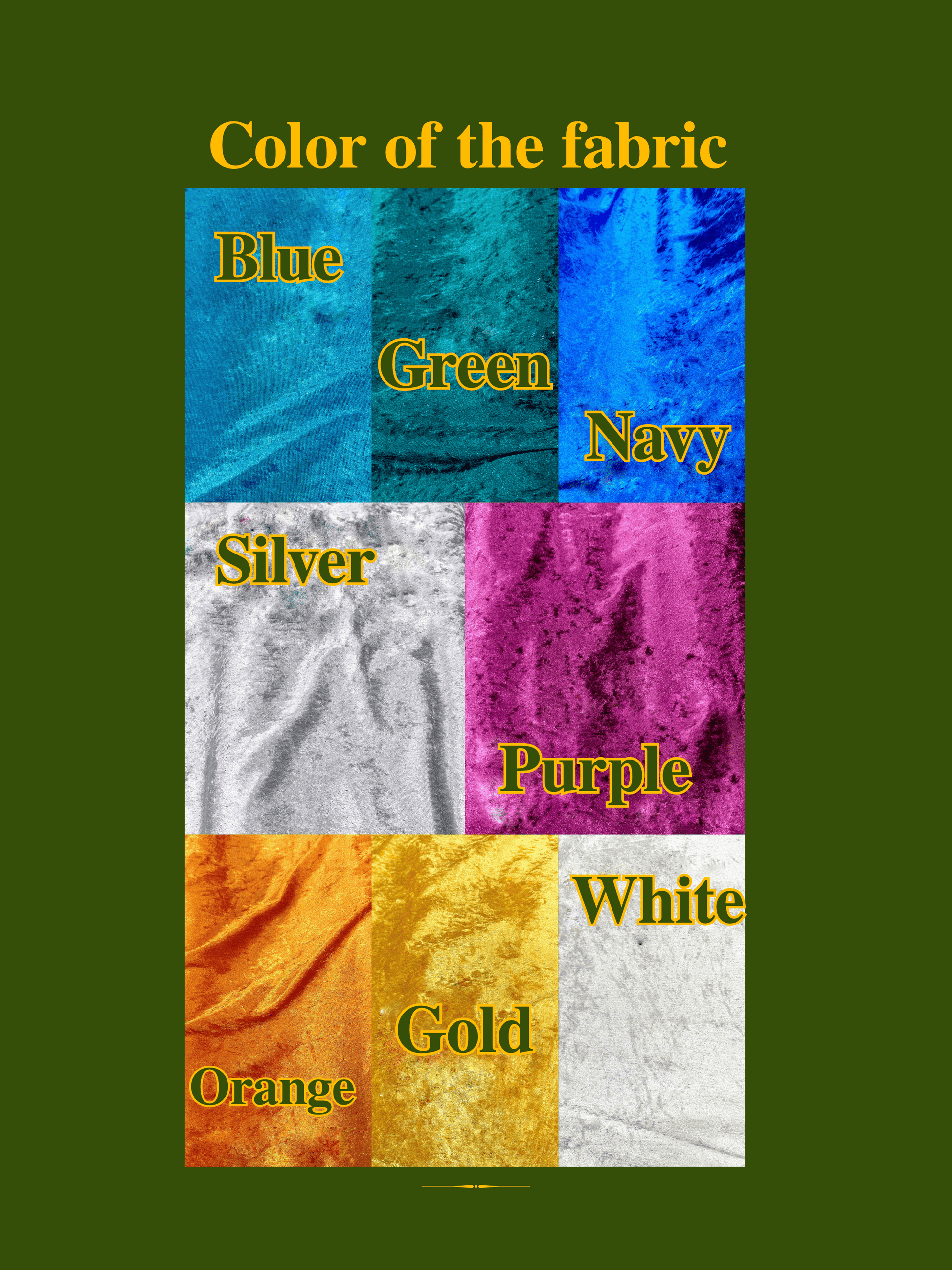 Fabric color swatches labeled with colors on a green background