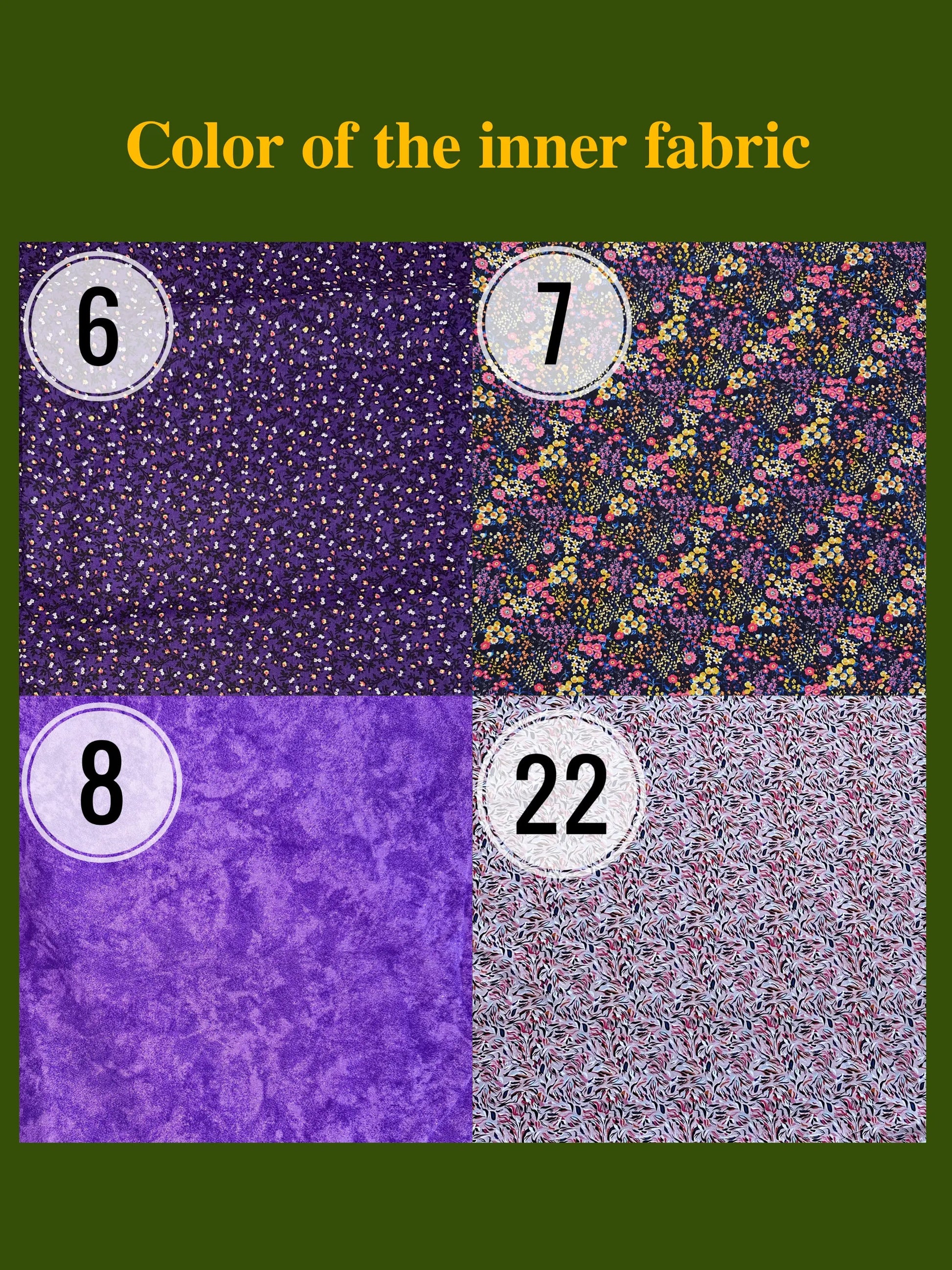 Four fabric swatches with different patterns and numbers on a green background