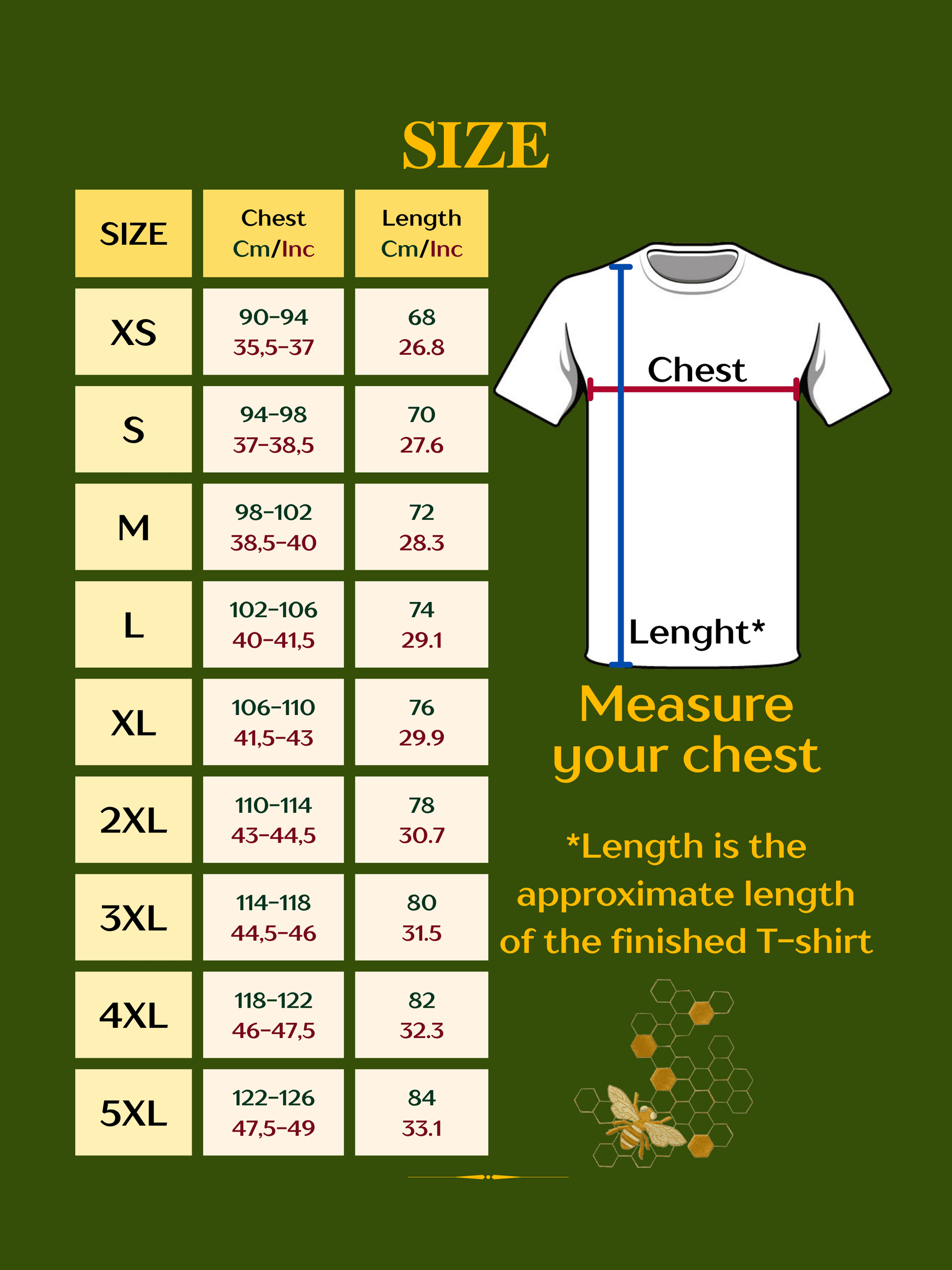 Size chart for t-shirts with measurements on a green background
