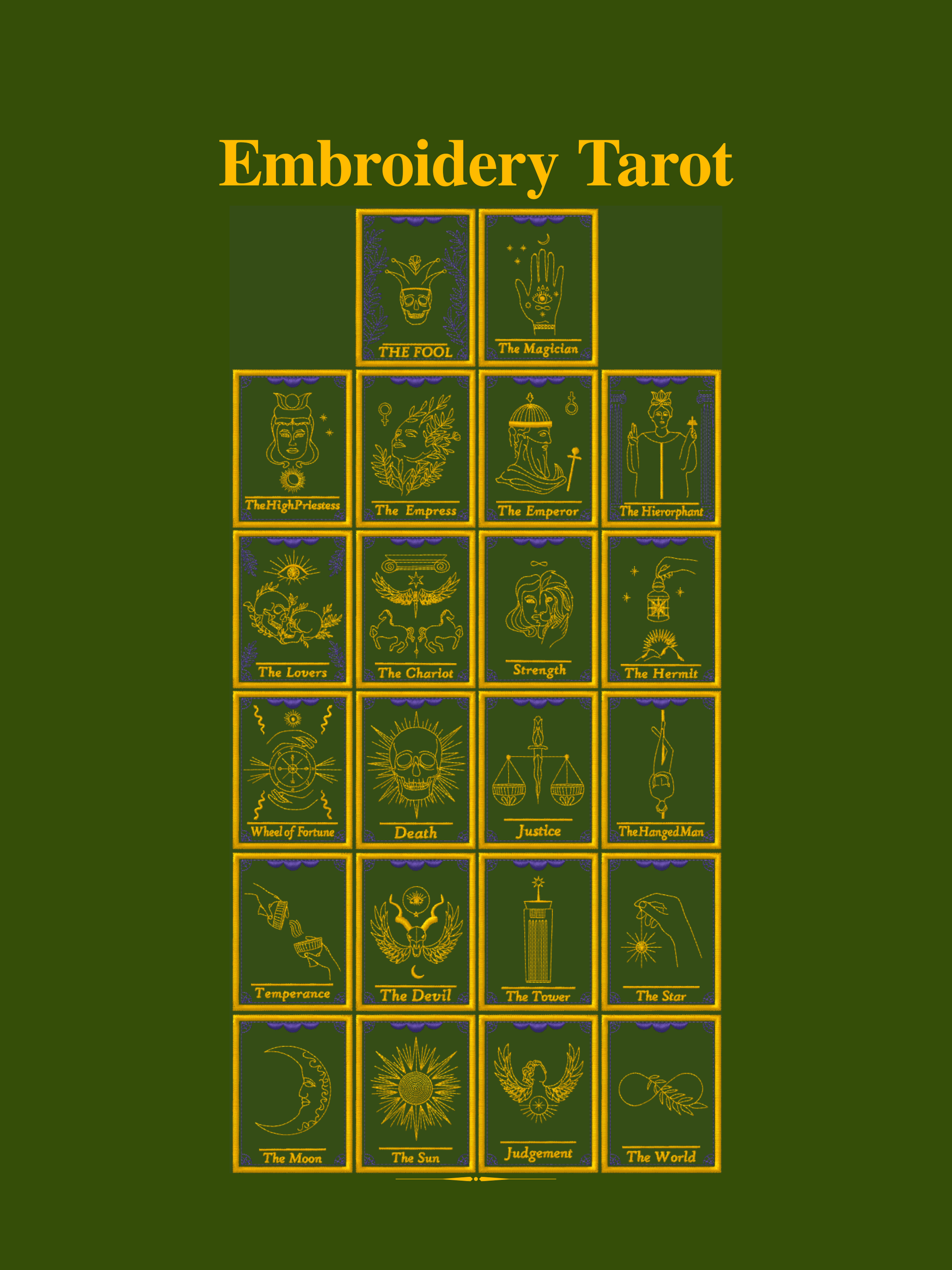 Embroidery Tarot book cover with tarot card symbols on a green background