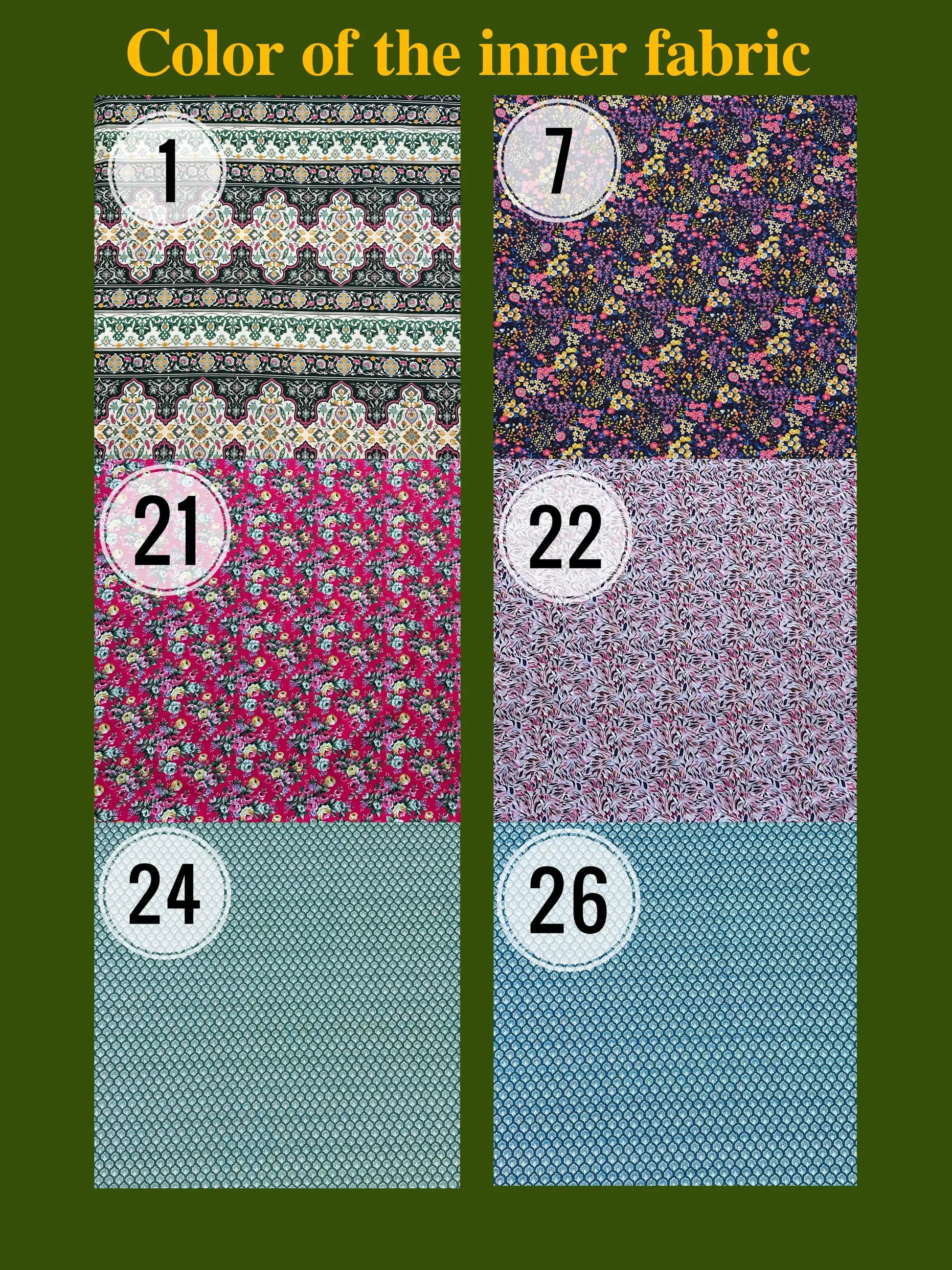 Fabric swatches with various patterns and colors on a green background