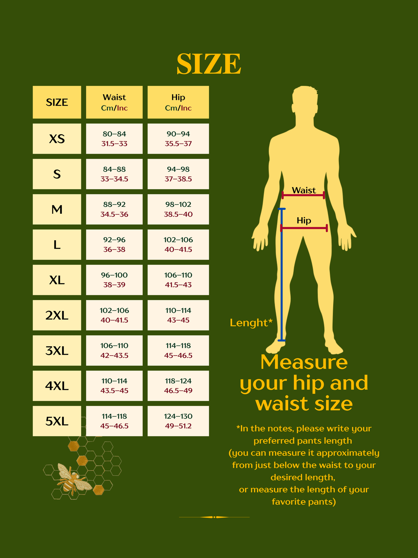 Size chart for measuring hip and waist dimensions on a green background