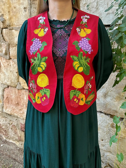 Person wearing a green dress with a red embroidered vest featuring fruits and flowers against a stone wall.