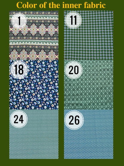 Fabric swatches with various patterns and colors on a green background