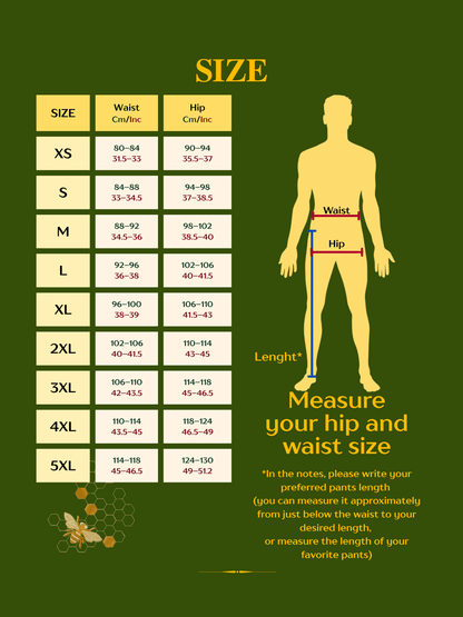 Size chart for measuring hip and waist dimensions on a green background
