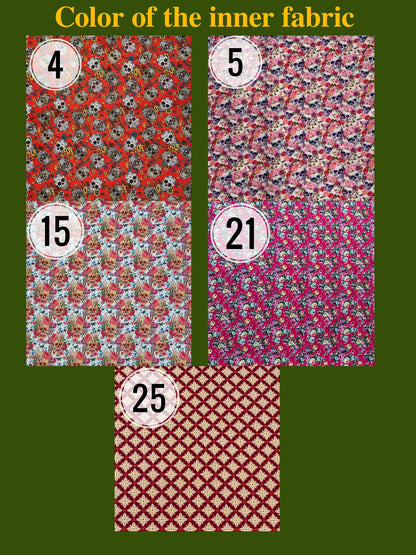 Four fabric swatches with different patterns and numbers on a green background