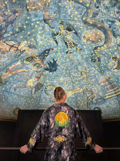 Person wearing a patterned robe in front of a decorative ceiling with celestial designs.