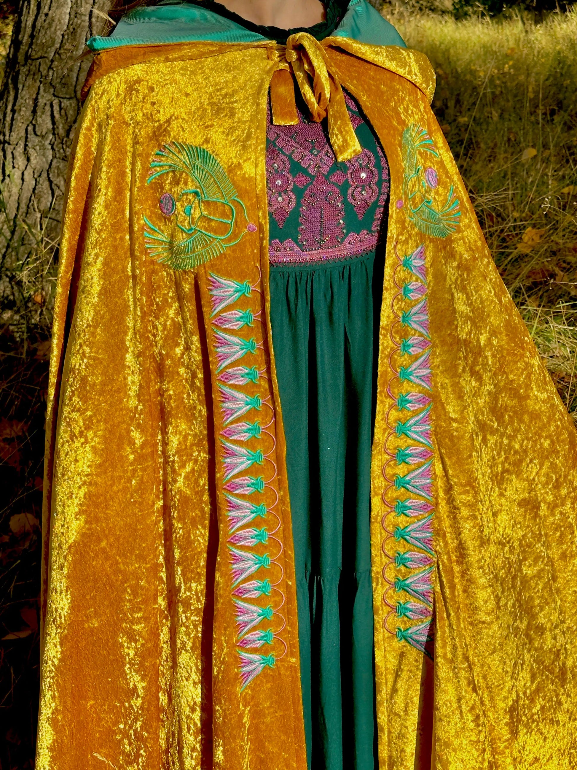Gold embroidered cloak over a green dress against a natural background