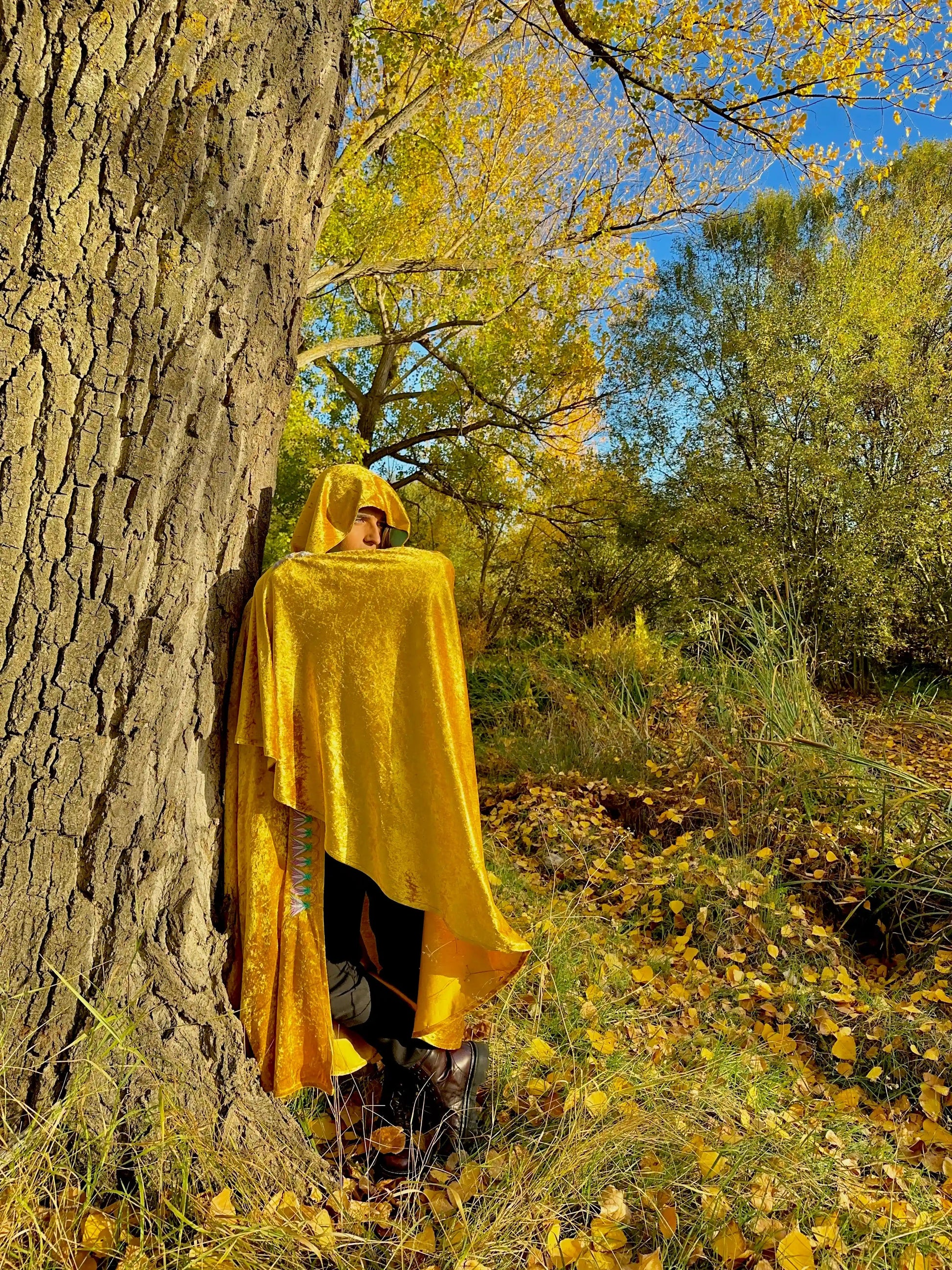 Person wearing a yellow raincoat standing next to a tree in a forest with autumn leaves.